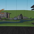 Modern Sales Office Building With Curved Black Roof And Glass Curtain Wall Water Feature