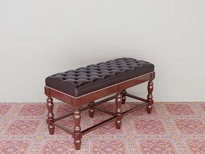 Classic Tufted Leather Sofa Bench With Carved Wooden Legs On Patterned Carpet 3d model
