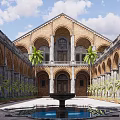 Historic Arched Courtyard Garden With Central Fountain Palm Trees And Reflecting Pool
