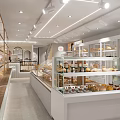 Cozy Dessert Shop Interior with Cashier Counter Display Case Pastries Decorative Paintings and Chairs