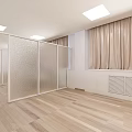 Hospital Outpatient Clinic Waiting Area With Purple Seats White Columns Wooden Flooring And Curtains