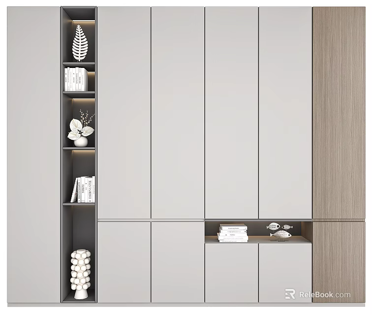 Modern Decorative Cabinet Design With Wooden Panels White Surfaces And Decorative Items 3d model 