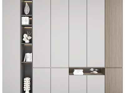 Modern Decorative Cabinet Design With Wooden Panels White Surfaces And Decorative Items 3d model