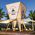 LINGYE Camping Site With Large Tent Structure Palm Trees And Outdoor Seating