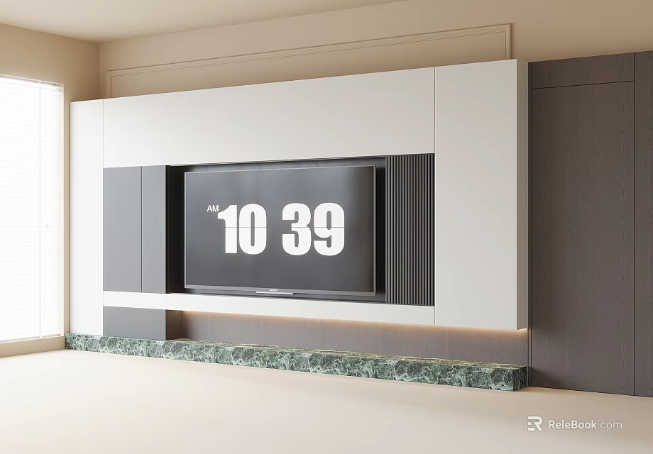 Modern TV Wall Design With White Gray Cabinets And Marble Base 3d model