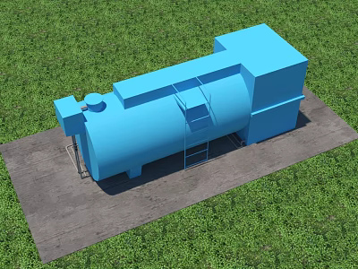 Industrial Equipment Blue Cylindrical Structure With Square Auxiliary Unit On Concrete Platform And Green Grass 3d model