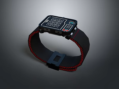 Modern Digital Watch With Black Strap Red Stitching And Functional Display Buttons 3d model