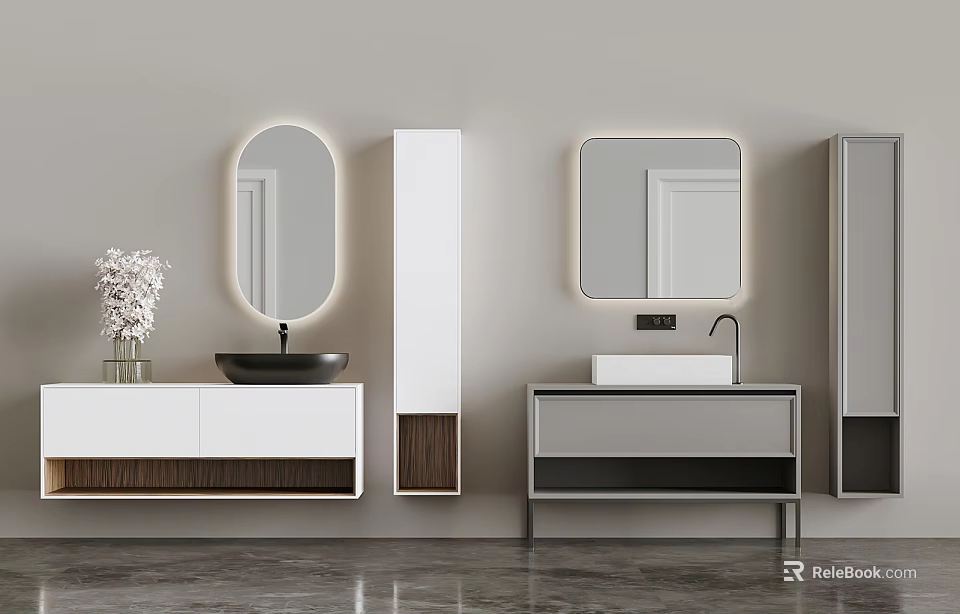 Modern Bathroom Vanity With Backlit Mirrors Black White Basins And Storage Cabinets 3d model 