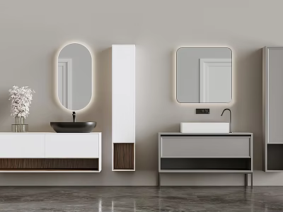 Modern Bathroom Vanity With Backlit Mirrors Black White Basins And Storage Cabinets 3d model
