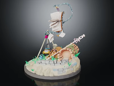 Cartoon Scene Featuring Little Character Cave Sailboat Decoration Blue Chains Green Plants and Stones 3d model