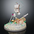 Cartoon Scene Featuring Little Character Cave Sailboat Decoration Blue Chains Green Plants and Stones
