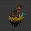 Floating Island House with Tower Green Roof Lit Windows and Orange Terrain