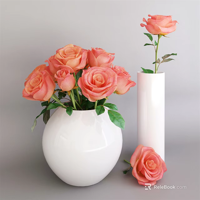 White Vases With Blooming Orange Roses Round And Cylindrical Home Decor Accents 3d model 