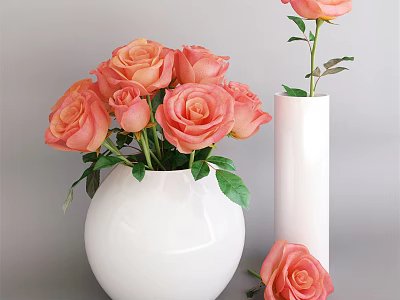 White Vases With Blooming Orange Roses Round And Cylindrical Home Decor Accents 3d model
