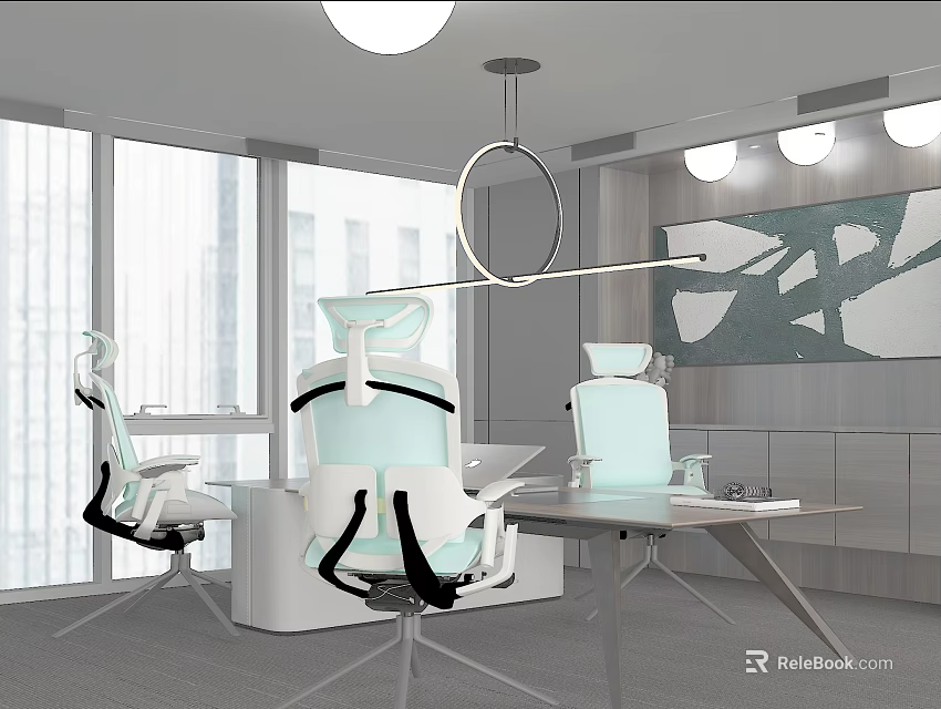 Modern Office Interior With Modern Chairs Desk Large Windows And Wall Artwork 3d model 