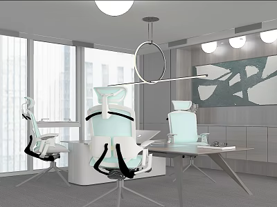 Modern Office Interior With Modern Chairs Desk Large Windows And Wall Artwork 3d model