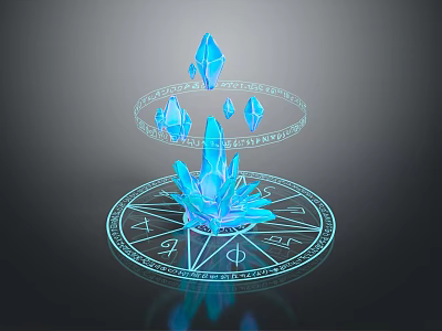 3D Blue Crystal Sculpture With Transparent Ring Structures On Astral Disk Base And Symbols 3d model