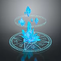 3D Blue Crystal Sculpture With Transparent Ring Structures On Astral Disk Base And Symbols
