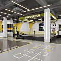 Modern Fitness Gym Interior With Boxing Ring Treadmill White Chairs Tables And Bright Lighting