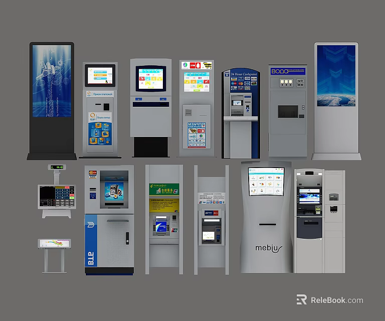 Various Self Service Kiosks In Public Facilities For Convenient Services Like ATM And Ticketing 3d model 