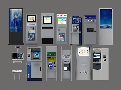Various Self Service Kiosks In Public Facilities For Convenient Services Like ATM And Ticketing 3d model