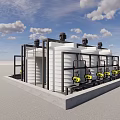 Industrial Equipment With Large White Storage Tanks Metal Frames And Platforms Against Blue Sky