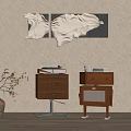 Stylish Interior Decor With Wooden Drawer Cabinets Record Player White Wall Art And Potted Plant