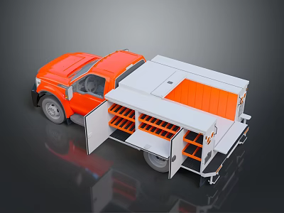 Orange And White Utility Truck With Open Storage Compartments For Work Tools 3d model