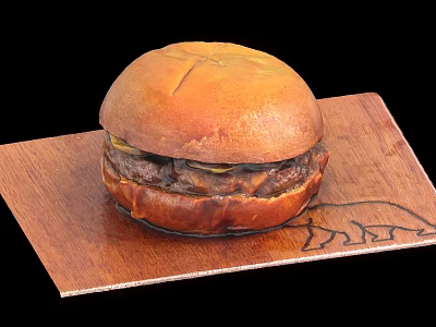 Juicy Hamburger with Toasted Bun Patty and Vegetables on Rustic Wooden Plate with Engraved Design 3d model