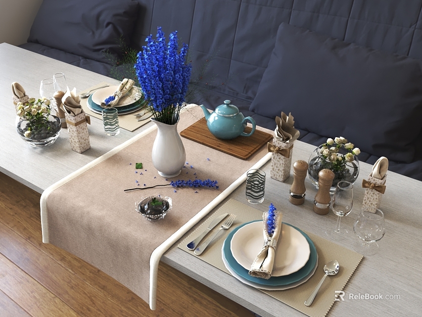 Elegant Dinnerware Set Table Setting With Blue Flowers Teapot Rabbit Figurines And Napkins 3d model 