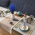 Tableware combination knife and fork combination vase flower teapot tablecloth seasoning bottle glass cup combination dining plate western tableware combination goblet dining tableware 3d model