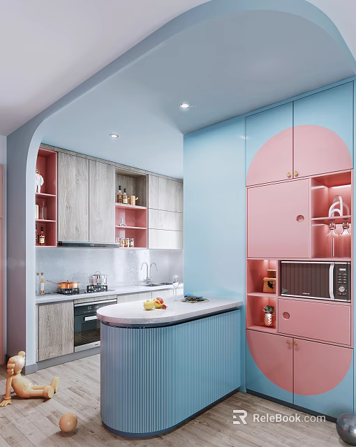 Elegant Modern Kitchen Interior With Blue Pink Cabinets And White Island Countertop 3d model 