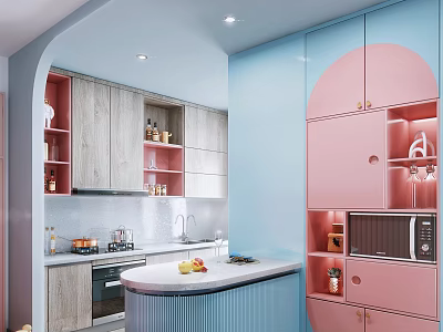 Elegant Modern Kitchen Interior With Blue Pink Cabinets And White Island Countertop 3d model