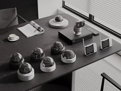 Office Desk With Types Of Security Surveillance Cameras And Devices 3d model