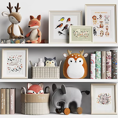 Stuffed Animal Toys on Shelf Display with Framed Art Books and Decorative Items 3d model Stuffed Animal Toys on Shelf Display with Framed Art Books and Decorative Items 3d model