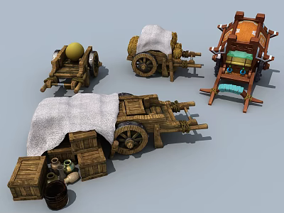 Vintage Wooden Wagons with Cloth Covers Barrels and Jars in Retro Style 3d model