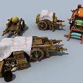 Vintage Wooden Wagons with Cloth Covers Barrels and Jars in Retro Style