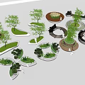 Diverse Tree Planters With Creative Shapes Lush Plants And Seating Areas 3d model