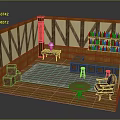Cozy Wooden Interior Room With Bookshelves Table Chair Rug And Crates