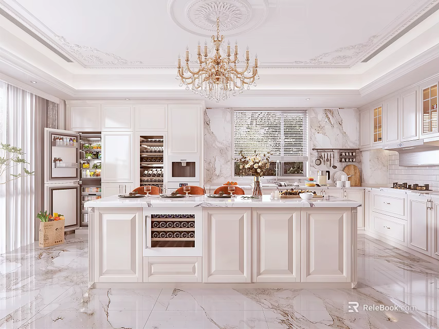 Modern Kitchen Interior Design With White Cabinets Marble Countertops Island And Chandelier 3d model 