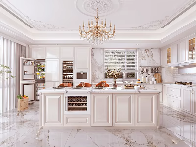 Modern Kitchen Interior Design With White Cabinets Marble Countertops Island And Chandelier 3d model