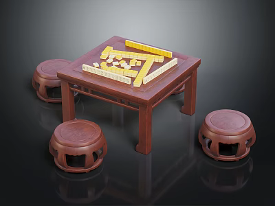 Traditional Wooden Mahjong Table Set With Four Round Stools And Tiles 3d model