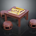 Traditional Wooden Mahjong Table Set With Four Round Stools And Tiles