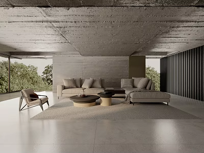 Modern Minimalist Living Room Interior With Gray Sofa Coffee Tables Large Windows And Concrete Ceiling 3d model