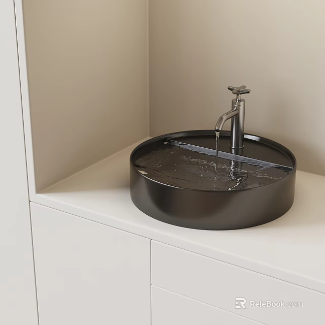 Modern Bathroom Round Black Washbasin With Silver Faucet And White Countertop 3d model 