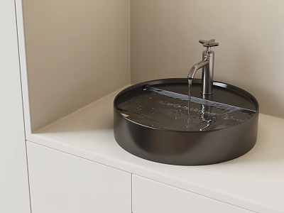 Modern Bathroom Round Black Washbasin With Silver Faucet And White Countertop 3d model