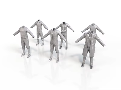 Silver Male Mannequins Standing With Various Styles Of Coats And Pants On White Background 3d model