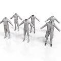 Silver Male Mannequins Standing With Various Styles Of Coats And Pants On White Background