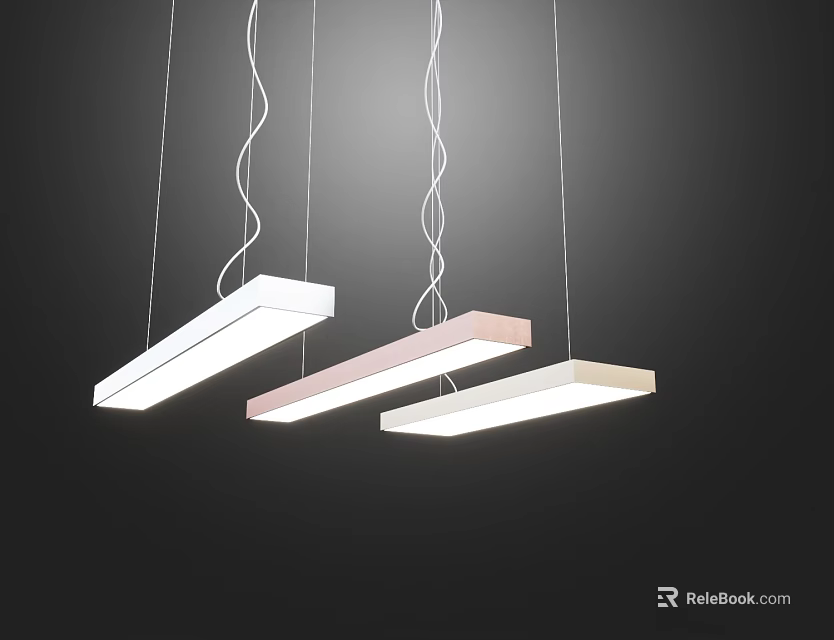 Modern Long Rectangular Pendant Lights In White Pink Hanging With Bright Illumination On Dark Background 3d model