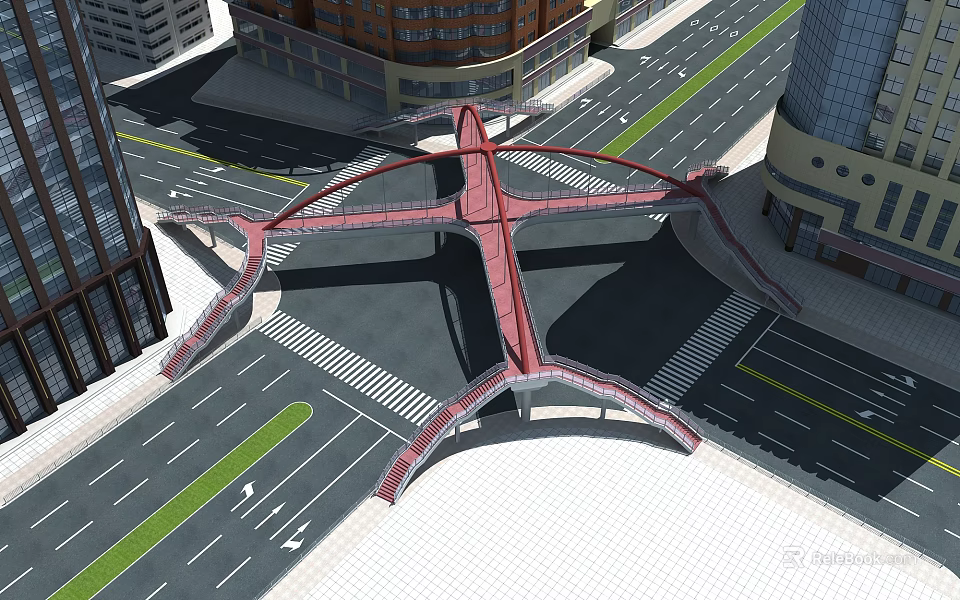 Red Modern Pedestrian Bridge With Unique Architectural Structure Over Urban Street 3d model 